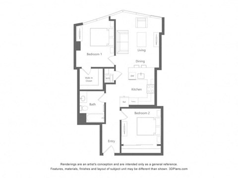 Floor plan for 1 bed, 1 bath, 860 sqft